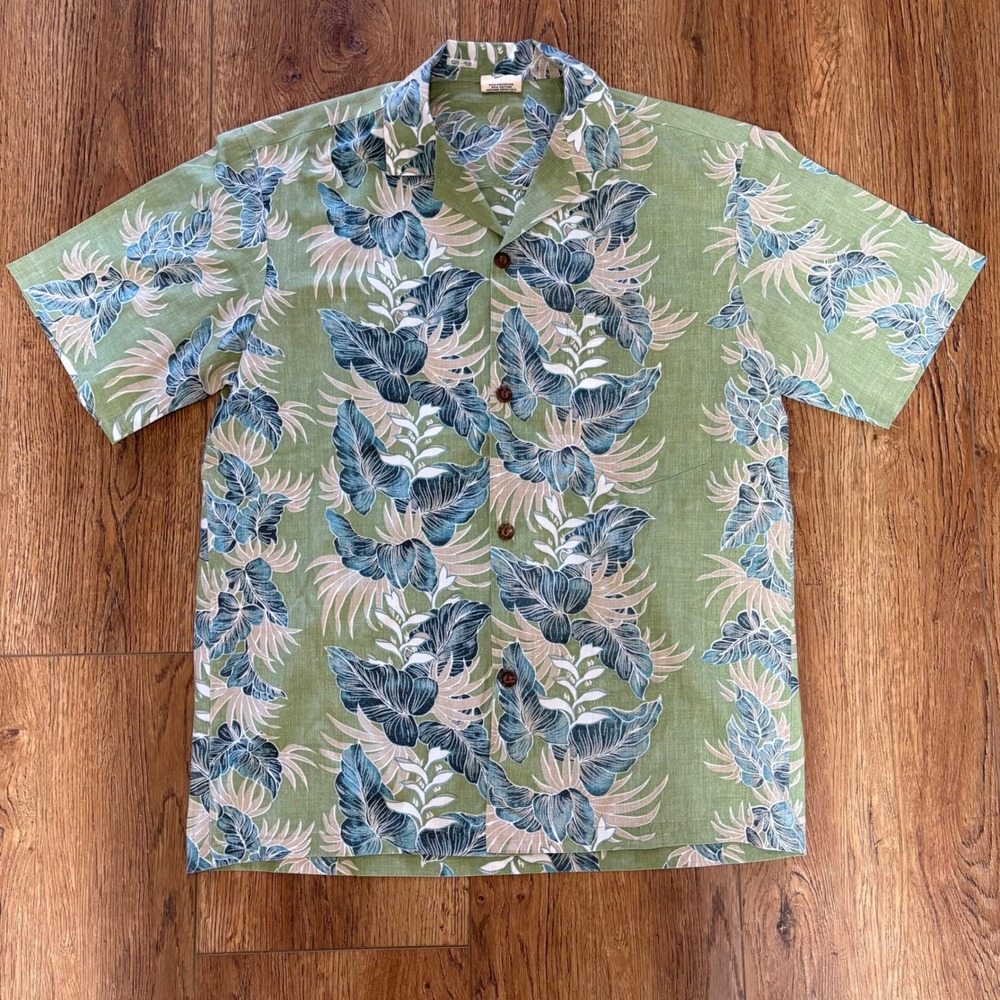 VTG Royal Creations Hawaiian Shirt Green‎ Blue Tropical Leaf Print Mens M Resort